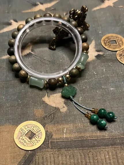 Natural Green Sandalwood Ruyi Bamboo Joint Double-Strand Bracelet, Chinese Style Lucky Transfer Wooden Bracelet